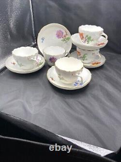 Meissen Hand Painted Flowers & Gold Entwined Handle Tea Cups & Saucers set of 5