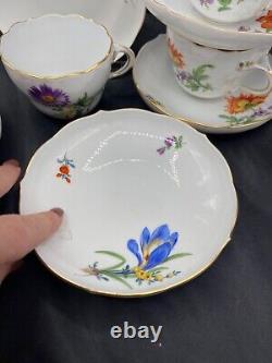 Meissen Hand Painted Flowers & Gold Entwined Handle Tea Cups & Saucers set of 5