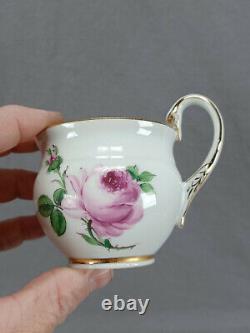 Meissen Hand Painted Pink Rose & Gold Swan Handle Tea Cup & Saucer C. 1824-1850