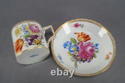 Meissen Marcolini Hand Painted Dresden Floral & Gold Coffee Can / Cup & Saucer