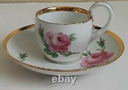 Meissen Pink Rose & Gold Chocolate/Coffee, Cups, Saucers with Swan Handle set