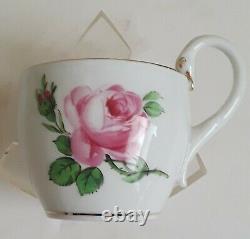 Meissen Pink Rose & Gold Chocolate/Coffee, Cups, Saucers with Swan Handle set
