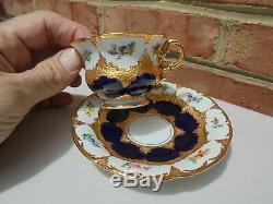 Meissen Porcelain Cobalt Blue & Floral Gold Encrusted Demitasse Cup & Saucer Set