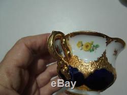 Meissen Porcelain Cobalt Blue & Floral Gold Encrusted Demitasse Cup & Saucer Set