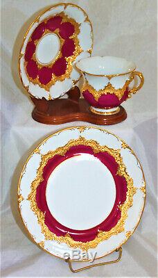 Meissen Purple Red & Gold B Form Cup, Saucer, & Cake Plate Rare Color