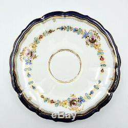 Meissen Tea Cup Saucer Floral Hand Painted Cobalt Gold Porcelain Germany Vintage