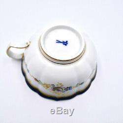 Meissen Tea Cup Saucer Floral Hand Painted Cobalt Gold Porcelain Germany Vintage