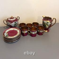 Meito China Burgundy Gold Floral Porcelain Tea Set 15pc 6x 6oz Cups
