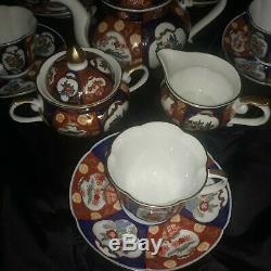 Mint Gold Imari Tea Set Teapot Sugar Creamer 5 Teacups / Cups & Saucers