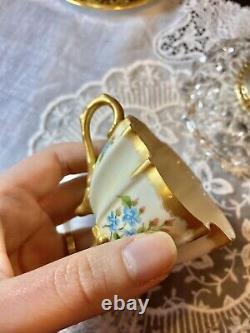 Mint Limoges T & V France Tea Cup Saucer Gold HP Flower 3 Footed Scallop Shape