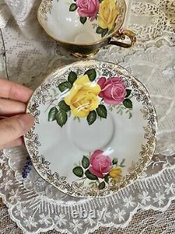 Mint Royal Albert Bone China England Black and Gold Tea Cup & Saucer with Roses
