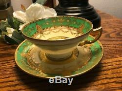 Minton Green Gold Encrusted Tea Cup & Saucer EUC