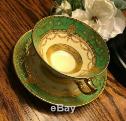 Minton Green Gold Encrusted Tea Cup & Saucer EUC