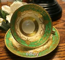 Minton Green Gold Encrusted Tea Cup & Saucer EUC