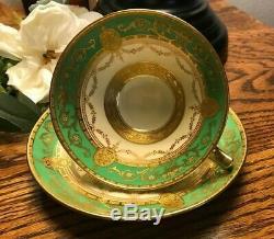 Minton Green Gold Encrusted Tea Cup & Saucer EUC