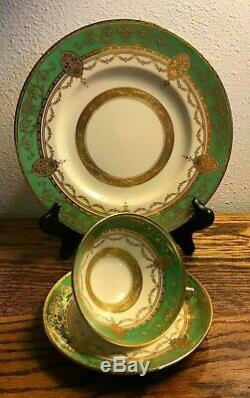 Minton Green Gold Encrusted Trio Cup Saucer Luncheon Plate 3 Pce Set