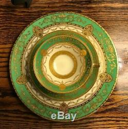 Minton Green Gold Encrusted Trio Cup Saucer Luncheon Plate 3 Pce Set