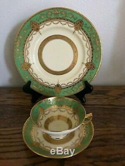 Minton Green Gold Encrusted Trio Cup Saucer Luncheon Plate 3 Pce Set