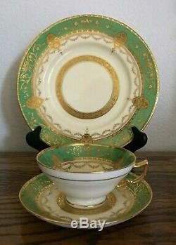 Minton Green Gold Encrusted Trio Cup Saucer Luncheon Plate 3 Pce Set