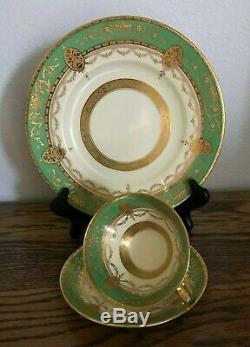 Minton Green Gold Encrusted Trio Cup Saucer Luncheon Plate 3 Pce Set