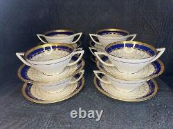 Minton H 3668 9 2 Handled Tea Cups Soup withSaucers Gold Cobalt Blue Encrusted Rim