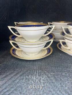 Minton H 3668 9 2 Handled Tea Cups Soup withSaucers Gold Cobalt Blue Encrusted Rim