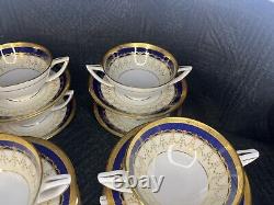 Minton H 3668 9 2 Handled Tea Cups Soup withSaucers Gold Cobalt Blue Encrusted Rim