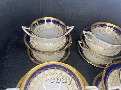 Minton H 3668 9 2 Handled Tea Cups Soup withSaucers Gold Cobalt Blue Encrusted Rim