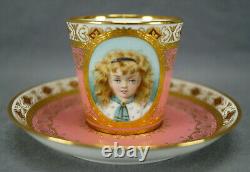 Minton Hand Painted Girl Portrait Raised Gold & Platinum Pompadour Pink Cup