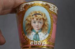 Minton Hand Painted Girl Portrait Raised Gold & Platinum Pompadour Pink Cup