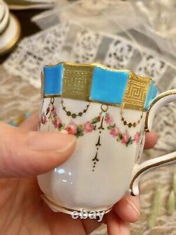 Minton Hand Painted Turquoise Enamel Raised Gold Rose Tea Demi Cup Saucer