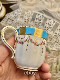 Minton Hand Painted Turquoise Enamel Raised Gold Rose Tea Demi Cup Saucer