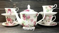 Mix & Match Four Tea Cups Saucers And Teapot Cheerful Pink Florals Gold Trim