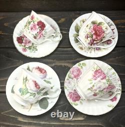 Mix & Match Four Tea Cups Saucers And Teapot Cheerful Pink Florals Gold Trim