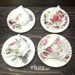 Mix & Match Four Tea Cups Saucers And Teapot Cheerful Pink Florals Gold Trim