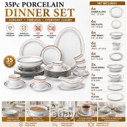 Modern 35Pc Porcelain Dinner Set Gold Swirl Plates Bowls Cups Saucers Service 6