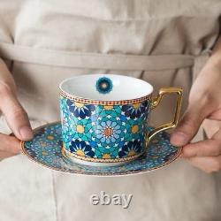 Moroccan Mosaic Coffee Cup & Saucer Set with Gold Handle (6 piece set)