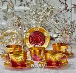 Moser 5 splendid Cup and Saucers Cranberry Gold and flowers