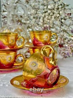 Moser 5 splendid Cup and Saucers Cranberry Gold and flowers