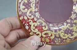 Moser Bohemian Enameled Ivory & Gold Floral Cranberry Glass Cup & Saucer 1880 A