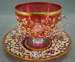 Moser Bohemian Enameled Ivory & Gold Floral Cranberry Glass Cup & Saucer 1880 B