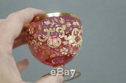 Moser Bohemian Enameled Ivory & Gold Floral Cranberry Glass Cup & Saucer 1880 B