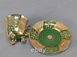 Moser Harrach Enameled Floral Scrollwork Gold Paneled Green Footed Cup & Saucer