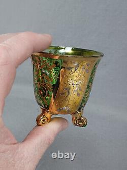 Moser Harrach Enameled Floral Scrollwork Gold Paneled Green Footed Cup & Saucer