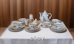 Moss Rose China Tea Set Teapot Cups Saucers Cream Sugar Scalloped Gold Trim 39/8