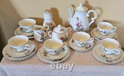 Moss Rose China Tea Set Teapot Cups Saucers Cream Sugar Scalloped Gold Trim 39/8