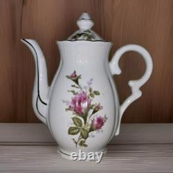 Moss Rose China Tea Set Teapot Cups Saucers Cream Sugar Scalloped Gold Trim 39/8