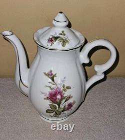 Moss Rose China Tea Set Teapot Cups Saucers Cream Sugar Scalloped Gold Trim 39/8