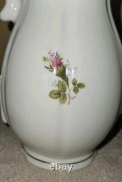 Moss Rose China Tea Set Teapot Cups Saucers Cream Sugar Scalloped Gold Trim 39/8