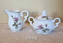 Moss Rose China Tea Set Teapot Cups Saucers Cream Sugar Scalloped Gold Trim 39/8